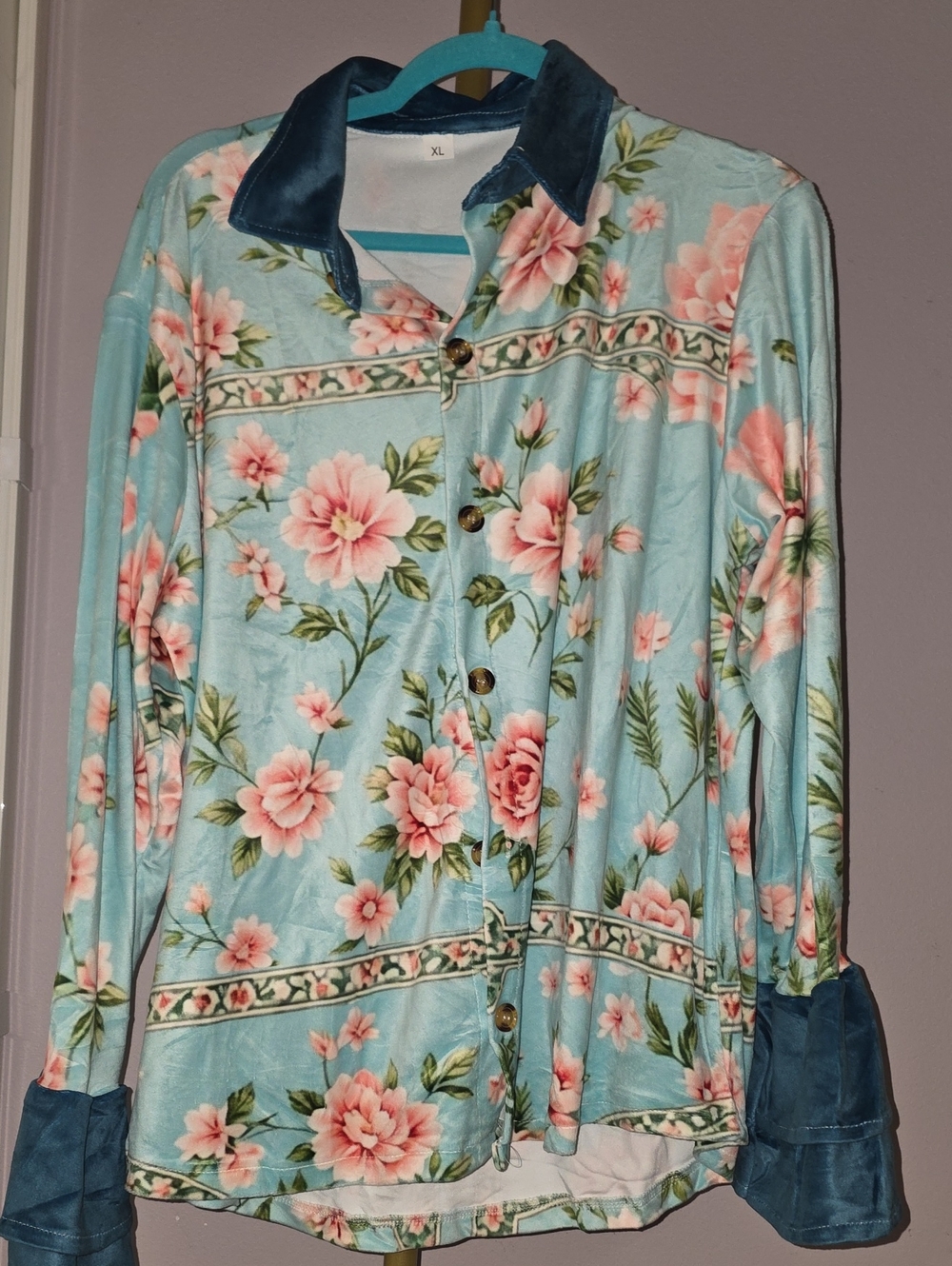 Velvet Fall Floral Button-Front Blouse in Light Blue w Pink Flowers Teal Collar